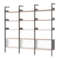 Modern black shelving unit with wooden shelves and transparent panels, featuring a sleek, minimalist design.
