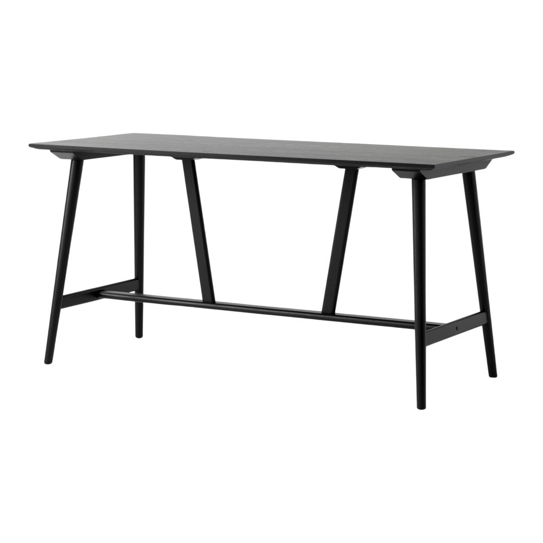 Sleek black table with a smooth surface and minimalist design, featuring clean lines and tapered legs.