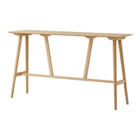 Light wooden console table with a natural finish and minimalist design, featuring straight lines and a simple pattern.