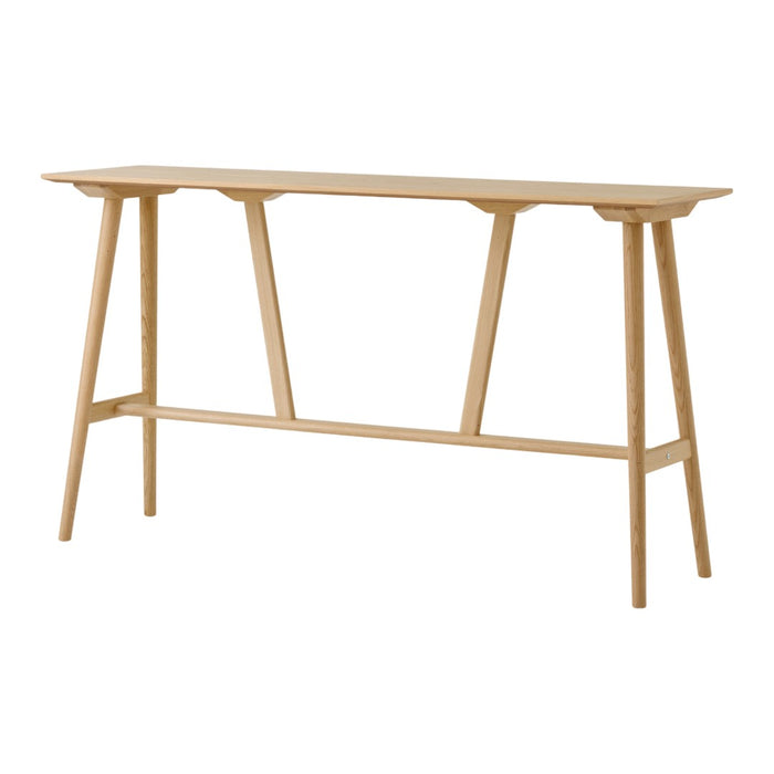 Light wooden console table with a natural finish and minimalist design, featuring straight lines and a simple pattern.