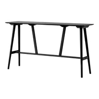 Black console table with a sleek, minimalist design and smooth, flat surface, featuring clean lines and simple patterns.
