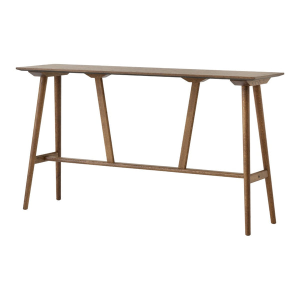 Wooden console table in a warm brown finish with a smooth, minimalist design and clean lines. Suitable for modern decor.