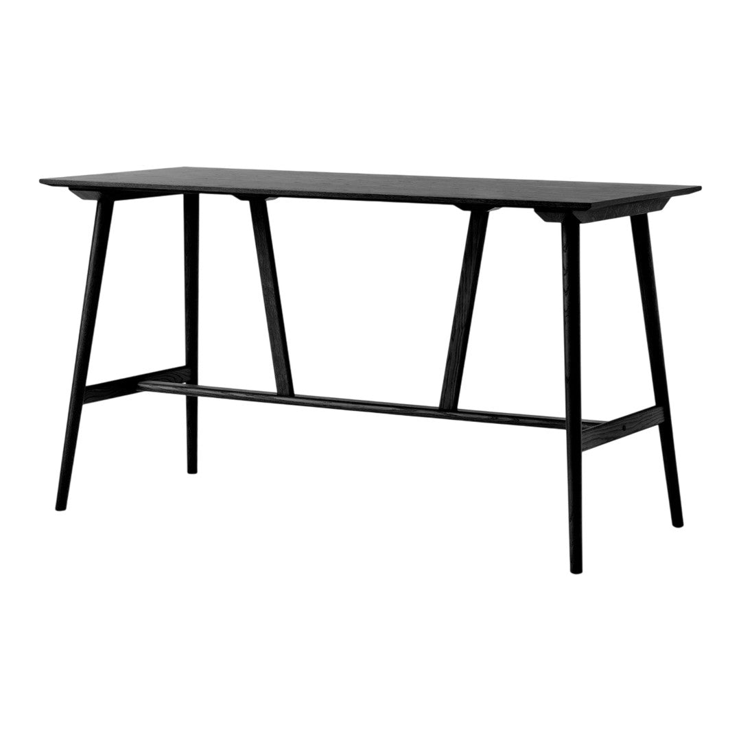 Black, minimalistic console table with clean lines and a sleek design, featuring a solid top and streamlined legs.