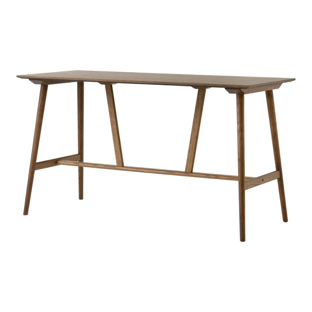"Light brown wooden table with a smooth finish and tapered legs, featuring a minimalist design and natural patterns."