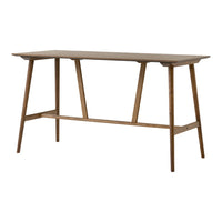 "Light brown wooden table with a smooth finish and tapered legs, featuring a minimalist design and natural patterns."