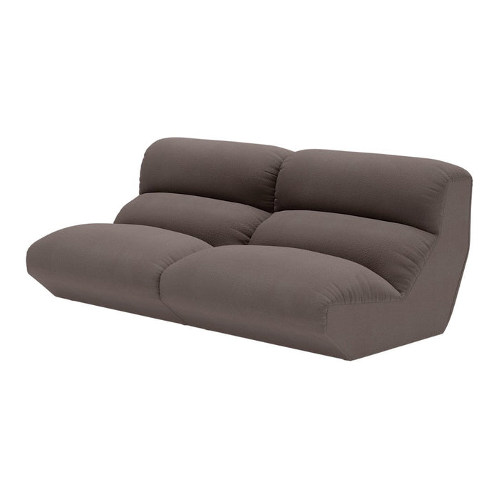 Brown upholstered sofa with a modern, minimalistic design featuring soft, plush cushions and a seamless finish.