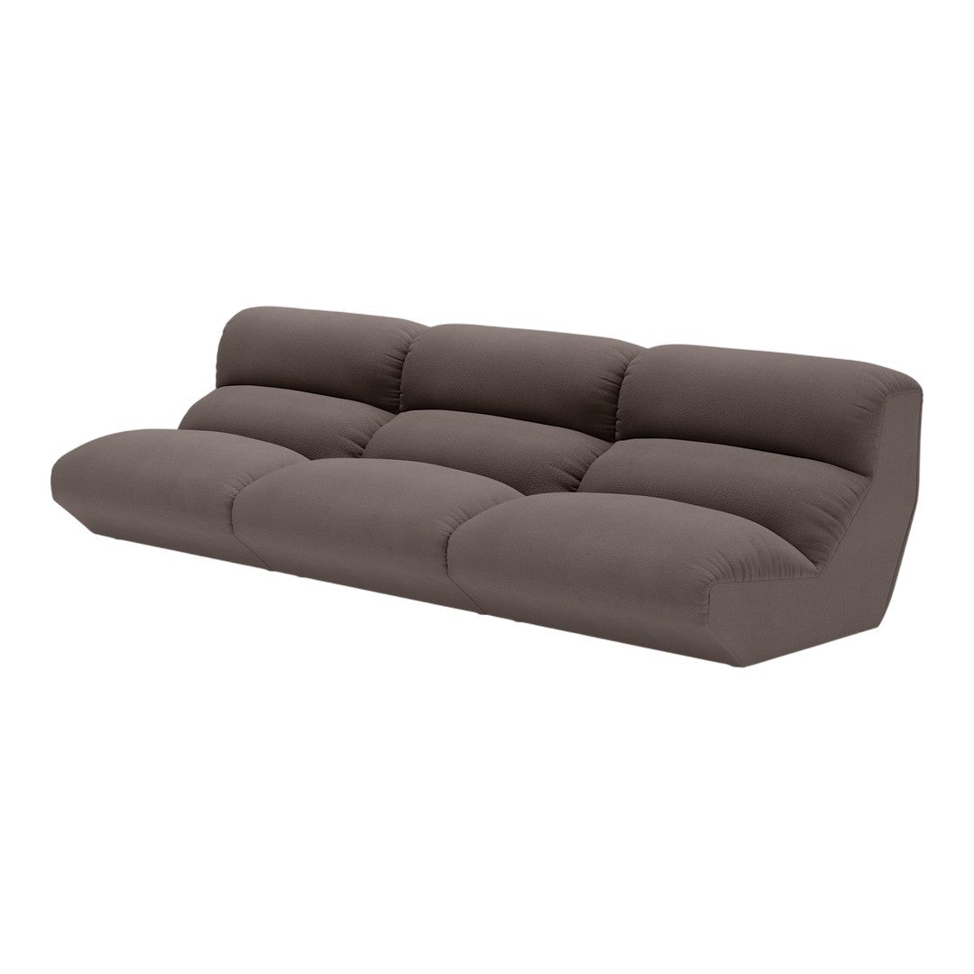 Brown upholstered sofa with a sleek, modern design and plush, cushioned seating for comfort.