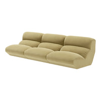 "Olive green plush sofa with soft, rounded cushions and a minimalist design, perfect for modern living rooms."