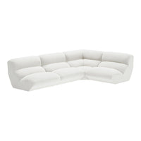 White modern sectional sofa with soft, textured upholstery and plush cushions in a minimalist design.