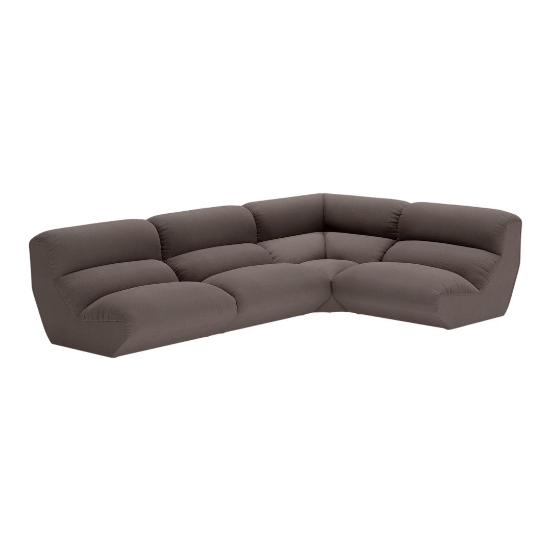 Brown sectional sofa with a sleek, modern design and smooth, plush upholstery in a soft, muted tone.