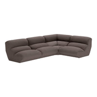 Brown sectional sofa with a sleek, modern design and smooth, plush upholstery in a soft, muted tone.