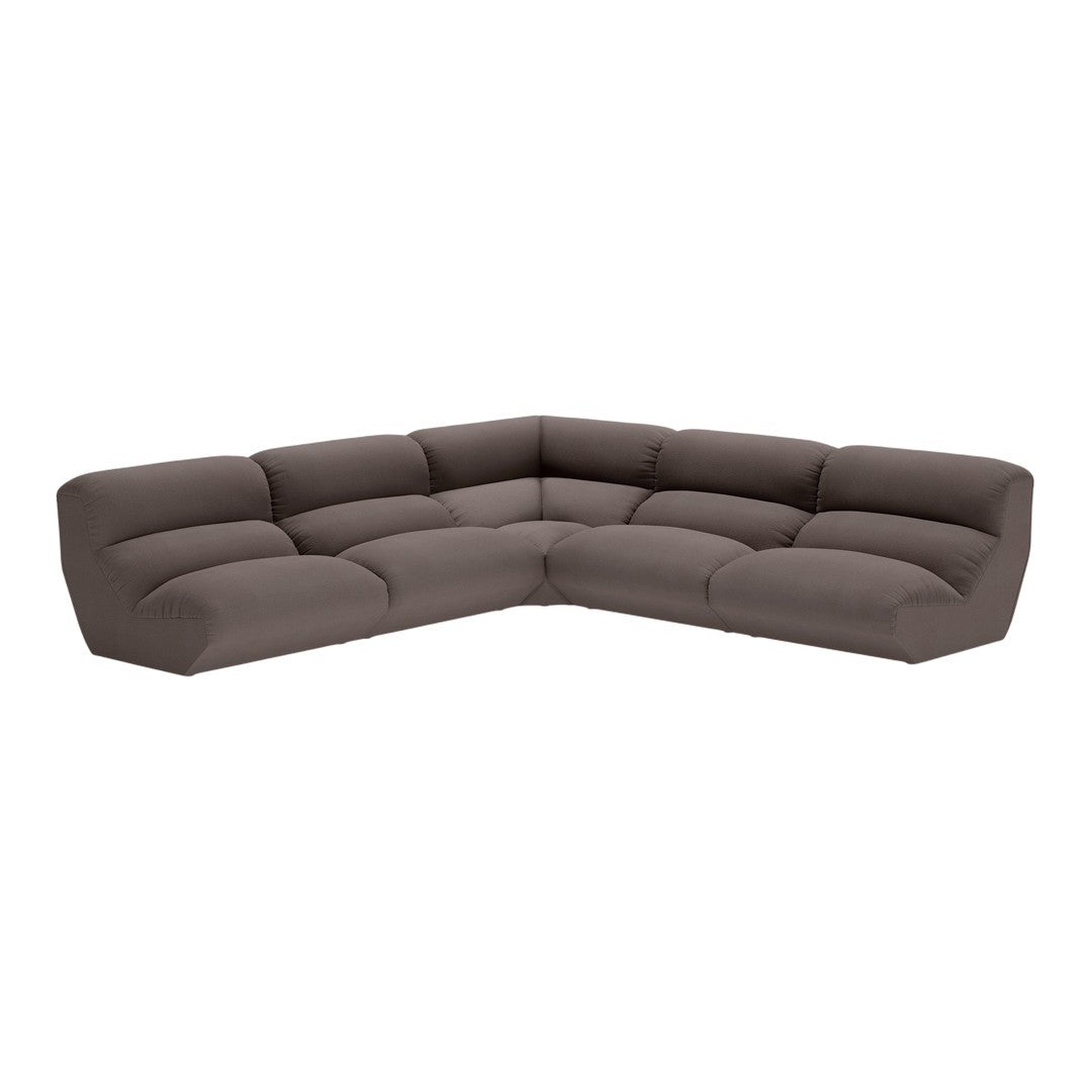 Brown plush sectional sofa with a soft, smooth fabric and modern design, perfect for contemporary living spaces.