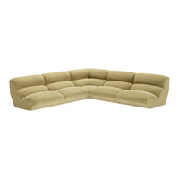 "Light olive green corner sofa with plush cushions and a smooth, modern design."