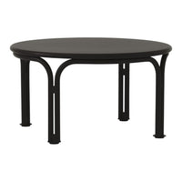 Round black coffee table with a sleek minimalist design and smooth surface, featuring curved black metal legs.