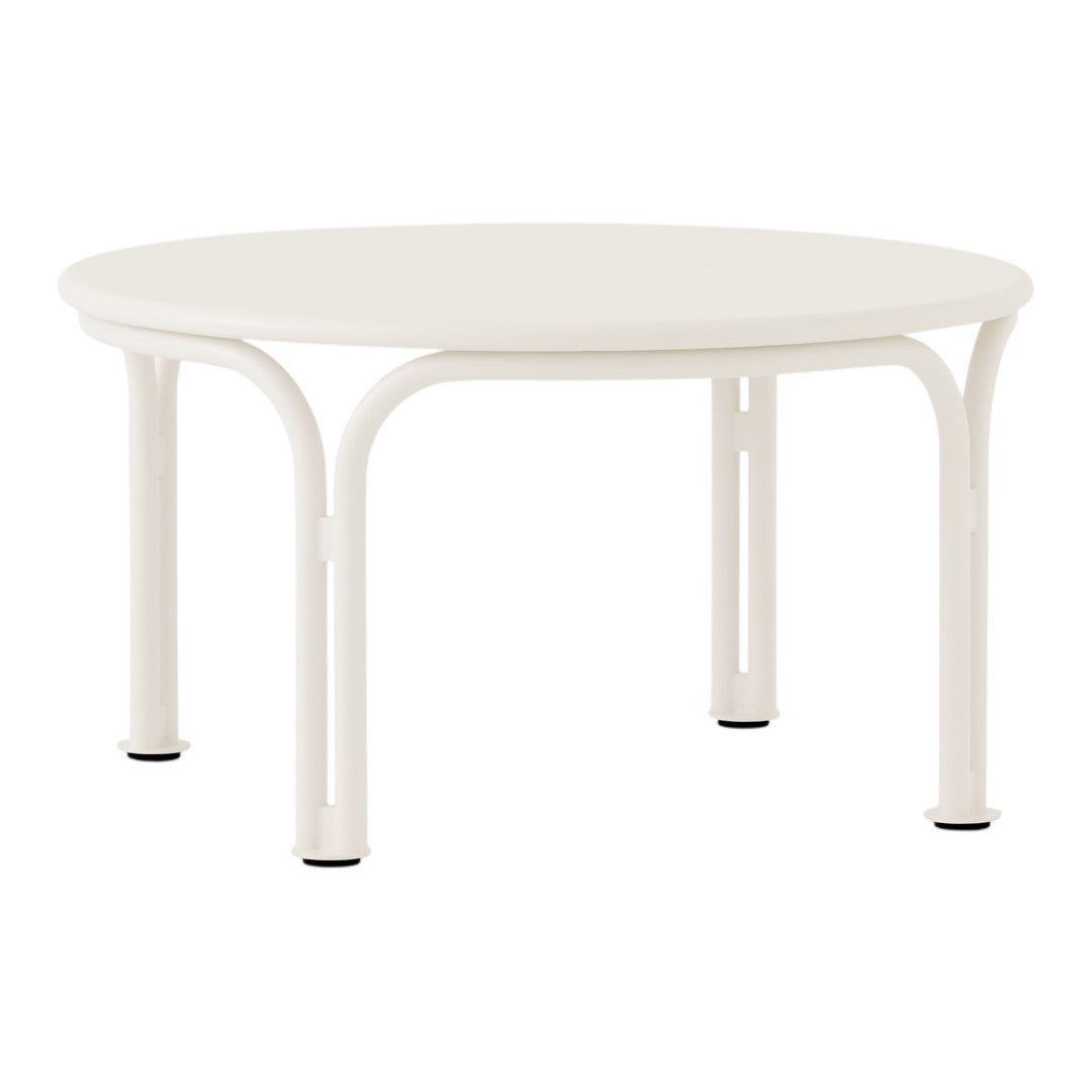 Round white table with a smooth surface and subtle curved legs, perfect for modern decor.