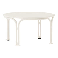 Round white table with a smooth surface and subtle curved legs, perfect for modern decor.