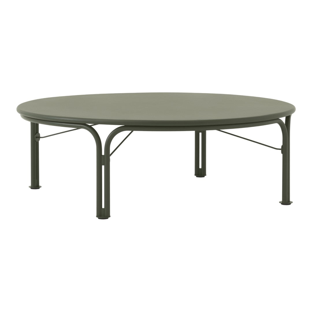 Circular olive green coffee table with minimalist design and smooth surface, supported by sleek black metal legs.