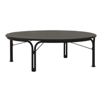 Round black coffee table with a smooth surface and sleek black metal legs, featuring minimalistic design.