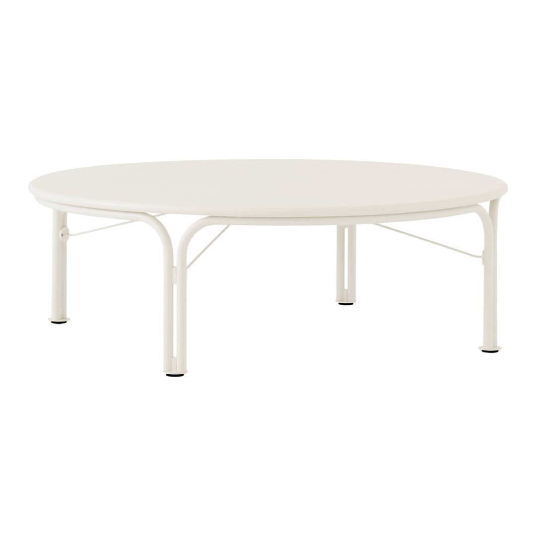 Round coffee table in a sleek white finish with minimalistic design and smooth surfaces, perfect for modern decor.