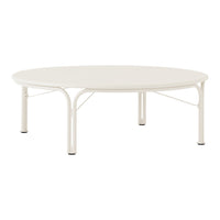 Round coffee table in a sleek white finish with minimalistic design and smooth surfaces, perfect for modern decor.