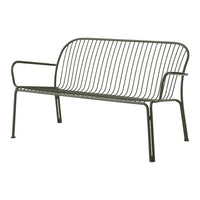 Green metal bench with sleek, modern lines and a minimalist design, featuring a series of horizontal and vertical bars.