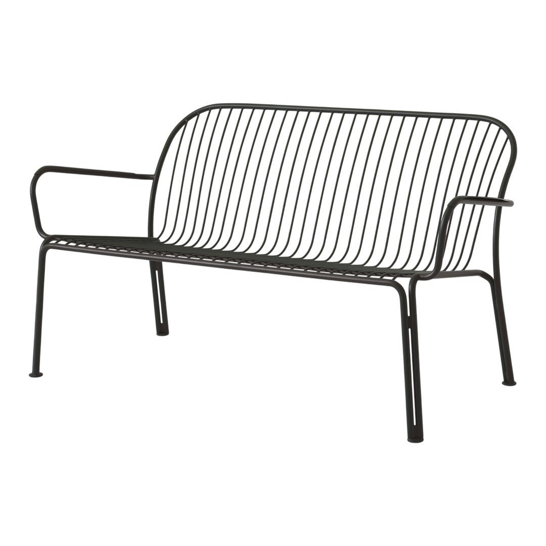 Black metal bench with sleek, vertical wire design and minimalist silhouette for a modern outdoor aesthetic.