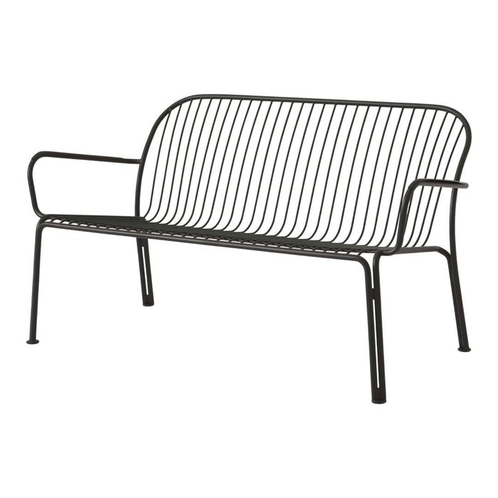 Black metal bench with sleek, vertical wire design and minimalist silhouette for a modern outdoor aesthetic.