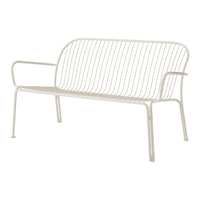 Cream-colored metal bench with a modern, minimalistic striped pattern and sleek armrests. Perfect for outdoor spaces.
