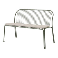 Green metal bench with a sleek, modern design and a light beige cushion for added comfort.