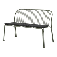 Green metal bench with sleek, vertical lines and a black cushioned seat. Modern design perfect for outdoor settings.