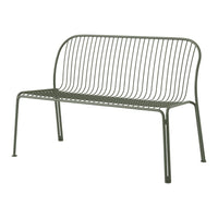 Green metal bench with a minimalist design featuring sleek, horizontal lines and a simple modern aesthetic.