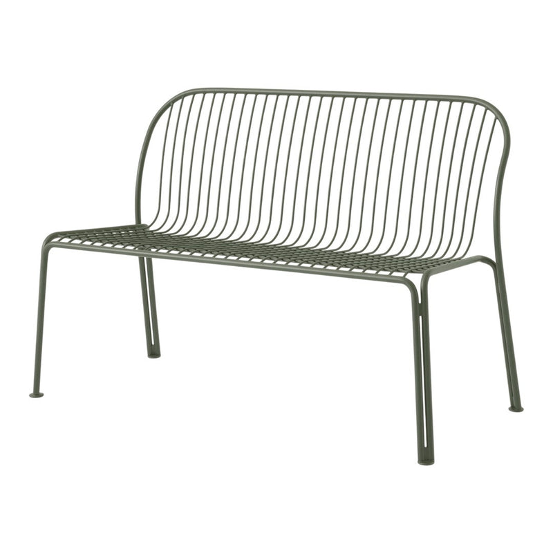 Green metal bench with a minimalist design featuring sleek, horizontal lines and a simple modern aesthetic.