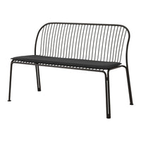 "Elegant black metal bench with sleek lines and a minimalist design, perfect for modern outdoor spaces."