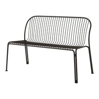 Sleek black metal bench featuring a modern slatted design and minimalist style, perfect for outdoor or indoor use.