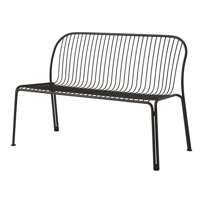Sleek black metal bench featuring a modern slatted design and minimalist style, perfect for outdoor or indoor use.