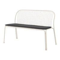 White metal bench with a sleek, minimalist design and a contrasting black cushion for added comfort.