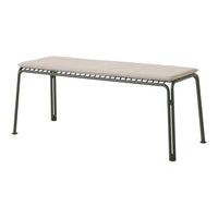 Modern bench with a neutral beige cushion and sleek dark green metal frame. Simple design, versatile for any decor.
