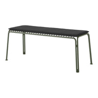 Black padded bench with olive green metal frame and minimalist design, perfect for modern decor.