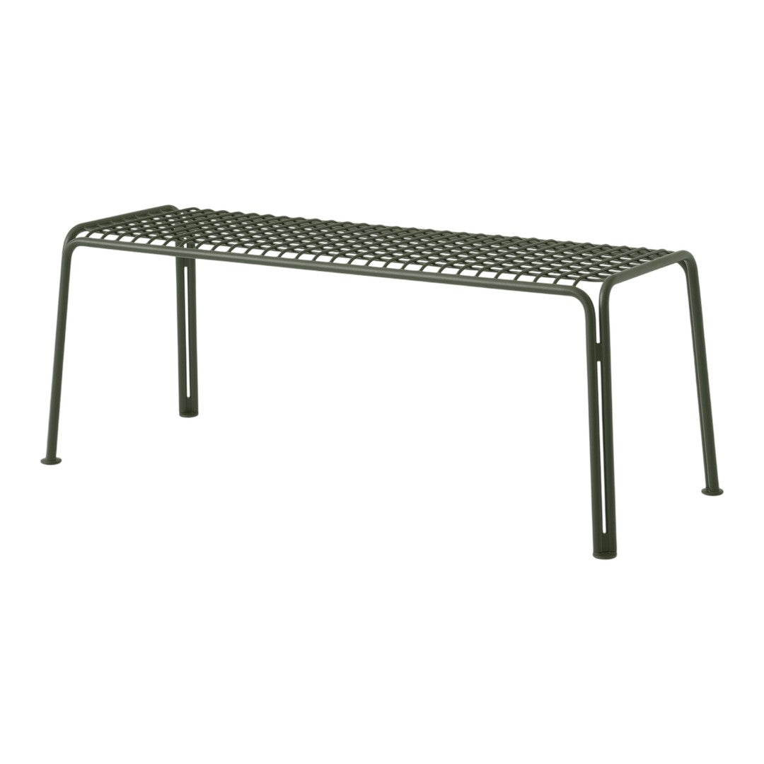 Green metal bench with a sleek, minimalist grid design and sturdy legs for outdoor or indoor use.