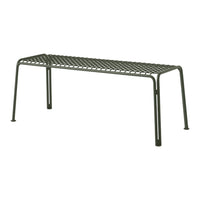Green metal bench with a sleek, minimalist grid design and sturdy legs for outdoor or indoor use.