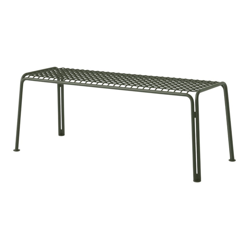 Green metal bench with a sleek, minimalist grid design and sturdy legs for outdoor or indoor use.