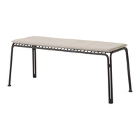 Beige cushion bench with a sturdy black metal frame and minimalist design. Ideal for modern home decor.