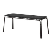 Black metal bench with a sleek, minimalist design and a solid surface, featuring subtle cut-out patterns along the edges.