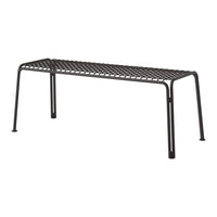 Black metal bench with a slatted pattern, perfect for outdoor or indoor use. Sleek, modern design complements any decor.