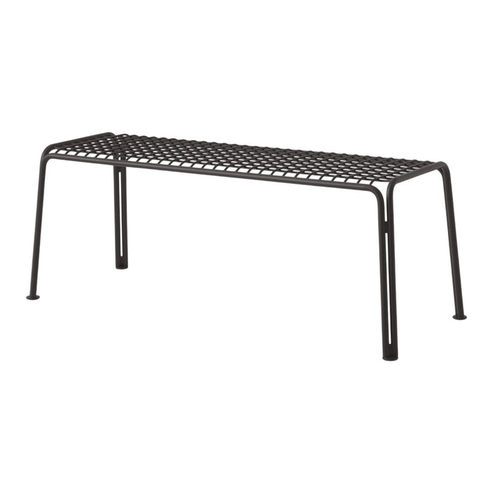 Black metal bench with a slatted pattern, perfect for outdoor or indoor use. Sleek, modern design complements any decor.