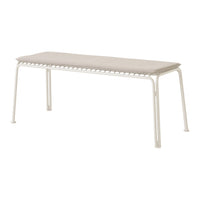 Modern white bench with a neutral beige cushion and a clean, minimalist design. Ideal for versatile decor.