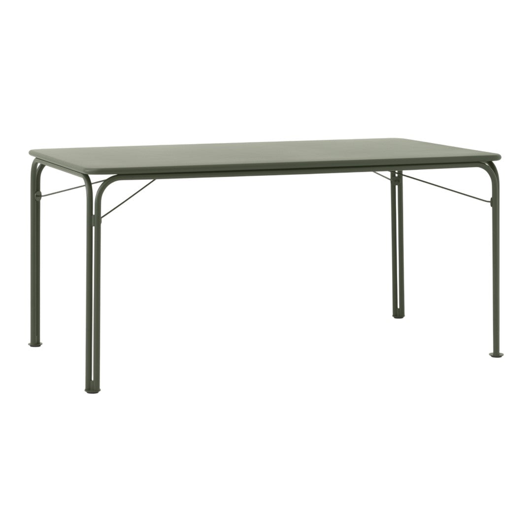 Rectangular table in a sleek, muted green finish with a smooth, solid surface and minimalist design. Perfect for any space.