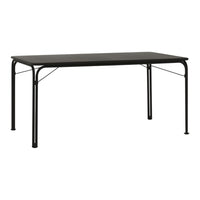Black rectangular table with a sleek, minimalist design and smooth surface, featuring sturdy black metal legs.