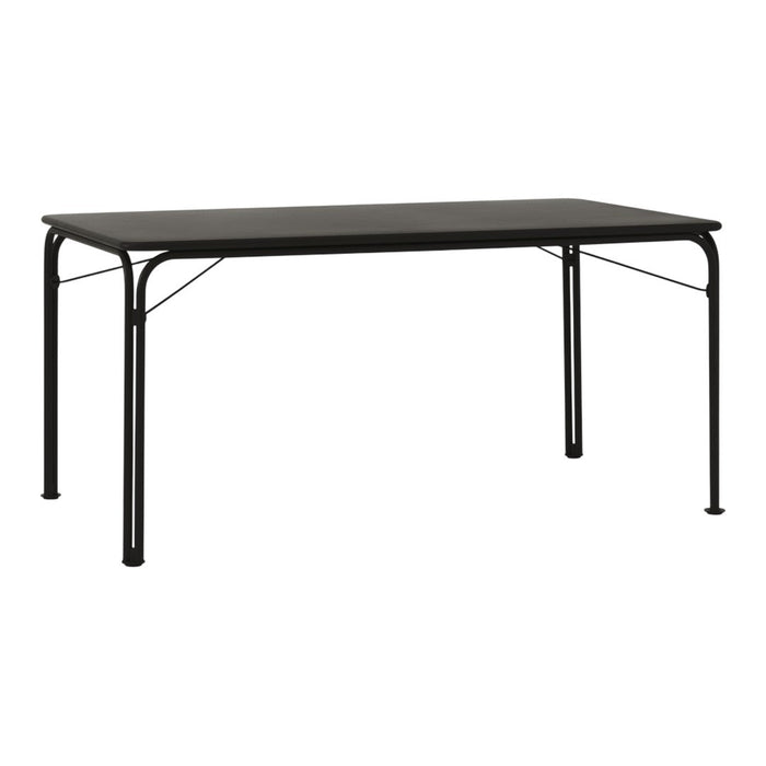 Black rectangular table with a sleek, minimalist design and smooth surface, featuring sturdy black metal legs.