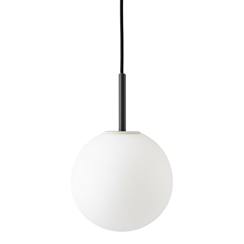 White glass globe pendant light with a sleek black hanging cord and minimalist design. Ideal for modern decor.